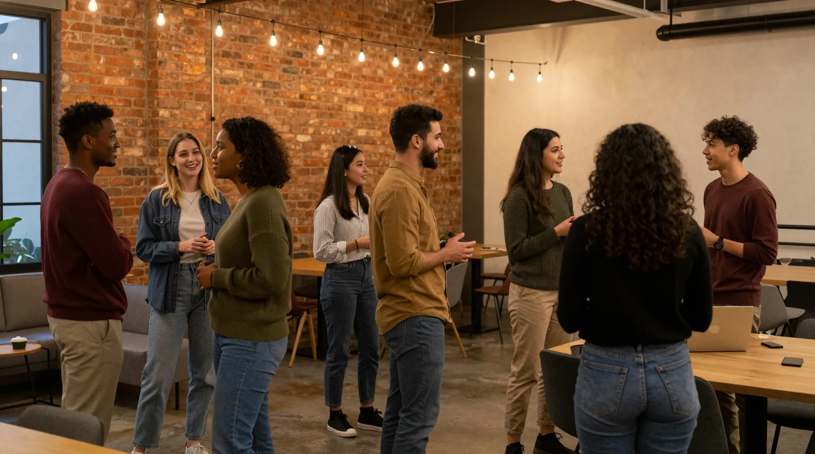 Young people gathered in a coworking space for a casual networking meetup
