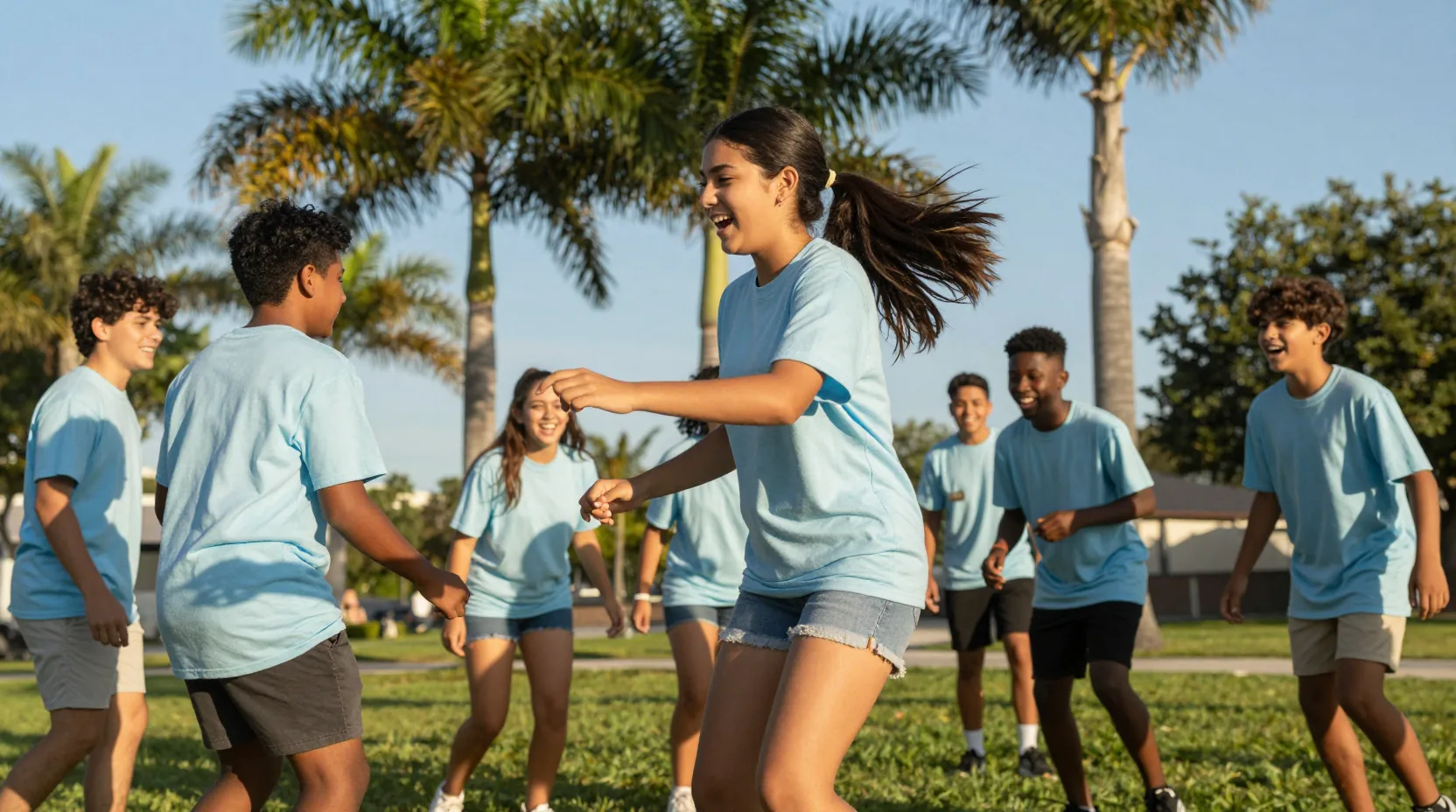 Teens doing a team-building activity outdoors in Florida sunshine
