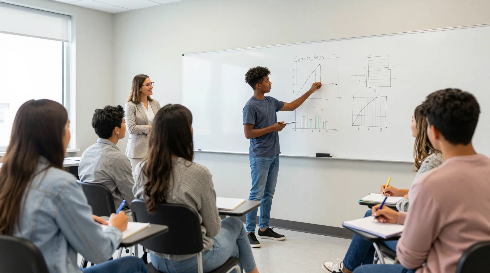Teens presenting business ideas to mentors in a modern classroom