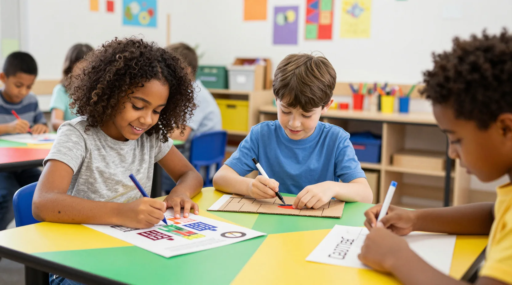 Kids working on creative hands-on projects at a colorful workshop